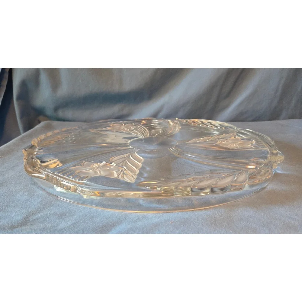 Vintage Frosted Floral Clear Glass Serving Platter Scalloped Wheat Rim 12 Inch